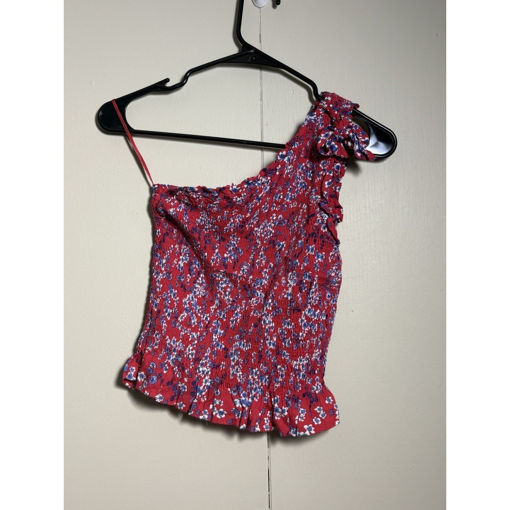 Japna Red Floral One Shoulder Smocked Top XS Boho Coquette Y2K Ruffle Tank